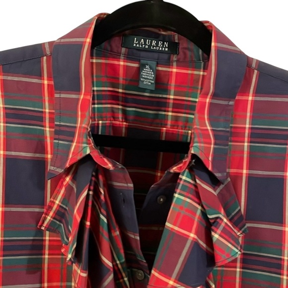 Ralph Lauren cotton Christmas plaid ruffle  button front shirt cuffs collar. XL - Picture 6 of 12